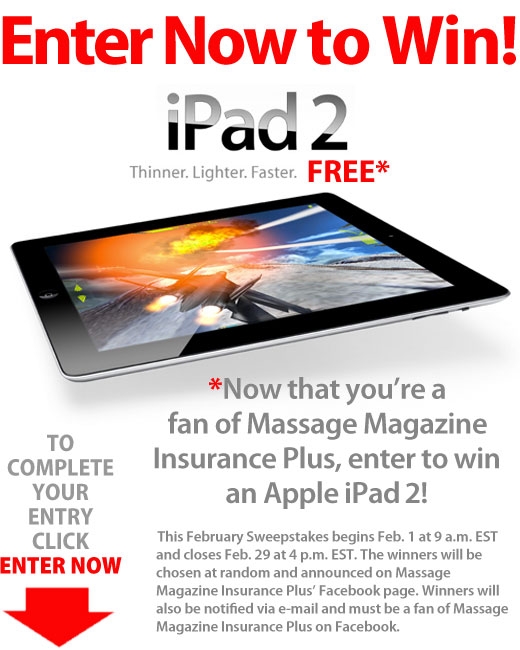 Massage Magazine Insurance Plus Offers iPad 2 in February Facebook Giveaway, MASSAGE Magazine